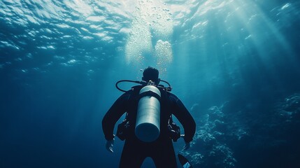 A peaceful underwater diving spot with simple, elegant dive gear, Subaquatic exploration style