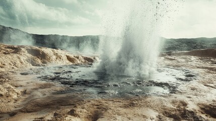 Obraz premium Geyser Eruption from Crater Releasing Carbon Dioxide Through Water in a Natural Landscape Scene