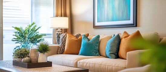 Cozy living room with plush beige sofa decorative pillows travertine coffee table and inviting home decor accessories for a warm ambiance