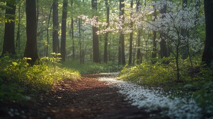 Obraz premium Blooming dogwoods along a serene forest trail in spring sunlight creating a picturesque natural landscape
