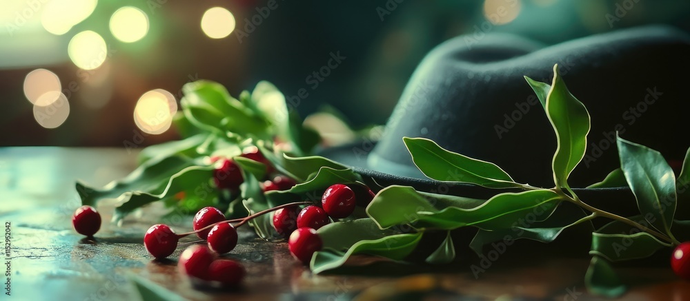 Poster mistletoe leaves and berries elegantly displayed with a black hat on a rustic table creating a festi