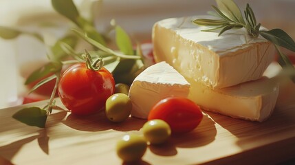 Soft cheese with fresh tomatoes and olives arranged on a wooden board surrounded by herbs in a warm, inviting kitchen setting.