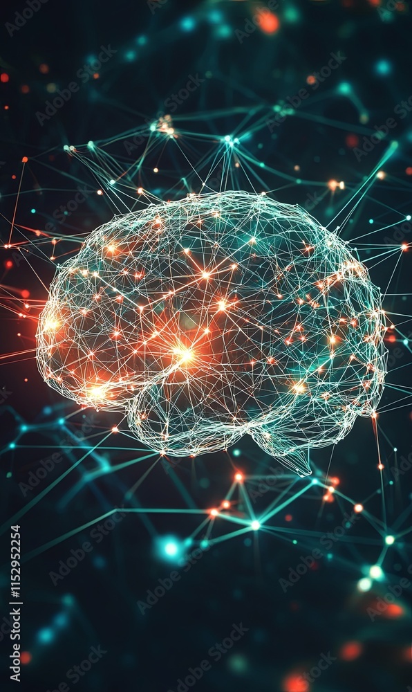 Poster abstract glowing brain with neural network connections.