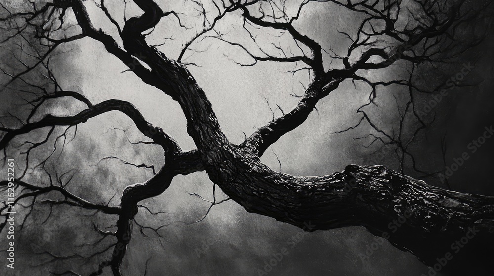 Poster gnarled leafless branches silhouetted against a dramatic cloudy sky creating a moody and atmospheric