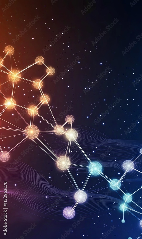 Poster abstract glowing network nodes and connections on dark background.