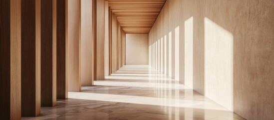 Fototapeta premium Inviting wooden corridor featuring elegant marble flooring and minimalist walls ideal for interior design inspiration and modern aesthetics