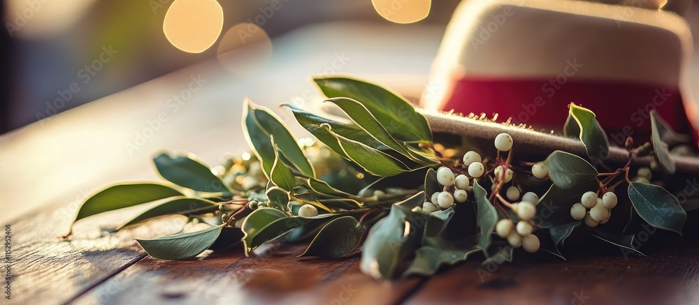 Aufkleber close up of mistletoe leaves and festive hat on a wooden table with warm bokeh background creating a