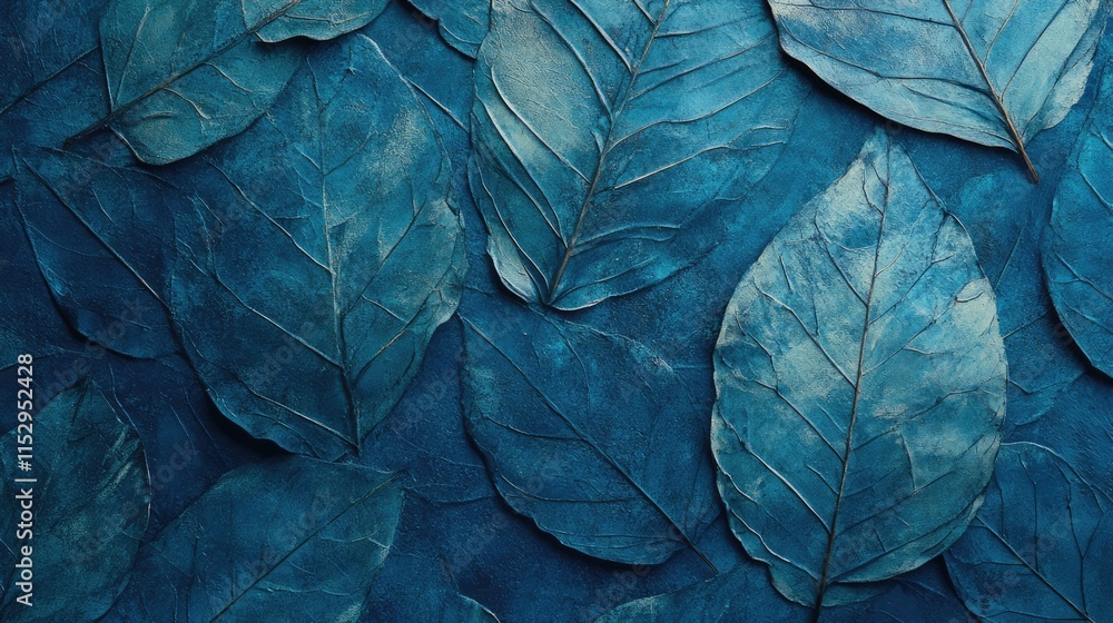 Poster leaf texture on a blue background showcasing intricate details and natural elements for use in desig
