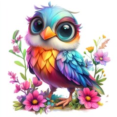 Obraz premium Colorful baby bird among flowers.