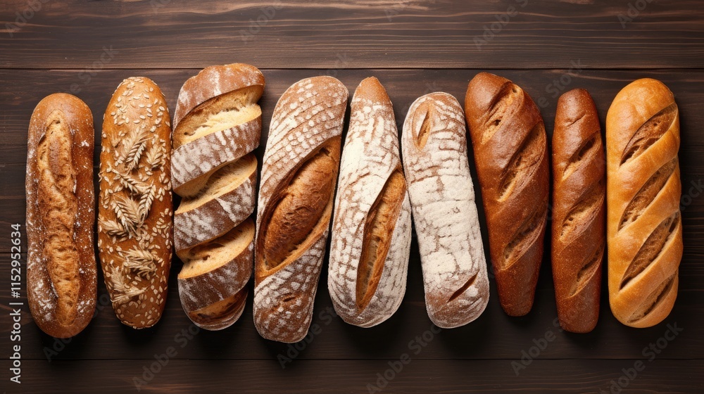Poster assorted artisanal bread varieties including wheat rye and multigrain displayed on a rustic wooden t