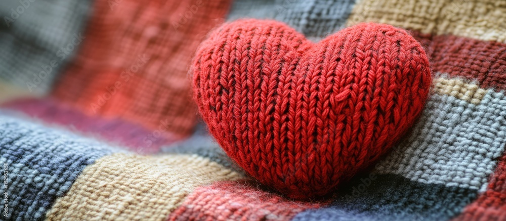 Aufkleber knitted red heart displayed on a textured checkered pattern creating a warm and cozy ambiance for cr
