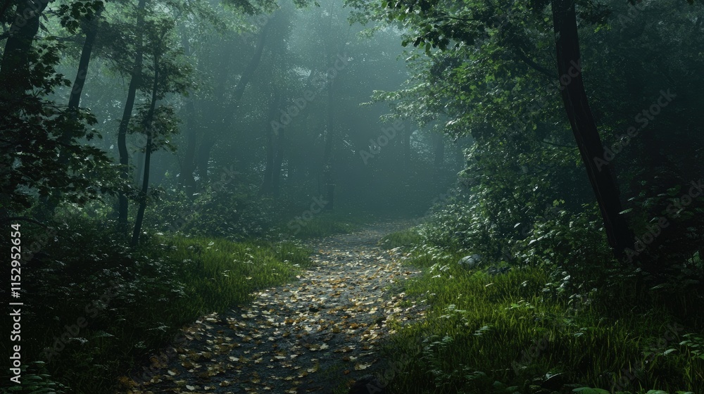 Poster misty forest pathway surrounded by lush greenery and fallen leaves creating a serene and tranquil at