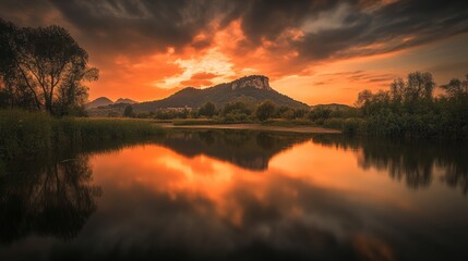 Fiery sunset reflecting on calm lake with mountain silhouette.