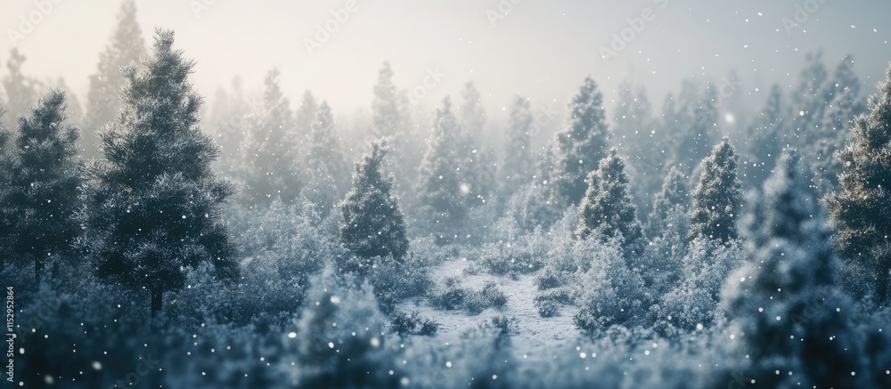 Poster snowy pine forest landscape with a serene atmosphere and soft falling snowflakes creating a tranquil