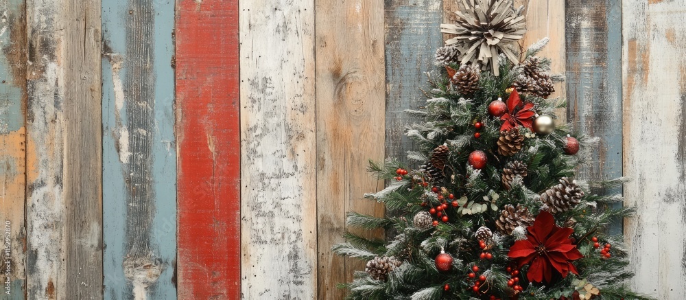Poster christmas tree with ornaments and letters on a rustic wooden background creating a festive and warm 