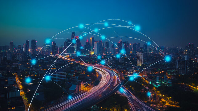 Abstract businesswoman stands on the peak of success Smart digital city with connection cyber security network reciprocity over the cityscape future wireless digital city and social media networking