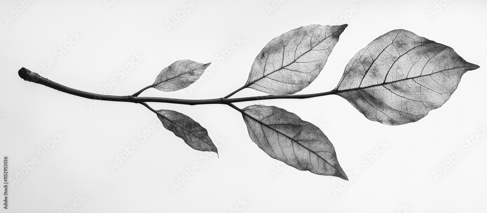 Poster black and white artistic presentation of a neatly arranged leaf branch showcasing intricate leaf det