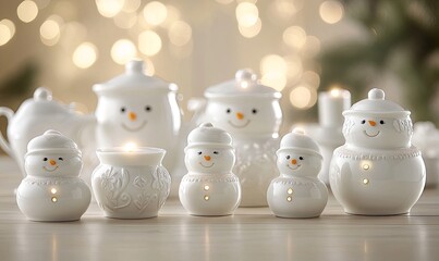 Adorable illuminated snowman-shaped ceramic tea set and candle holders on wooden surface with bokeh background.