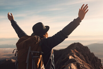 Silhouette of a person standing on a mountain peak with arms raised, symbolizing achievement