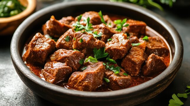 Delicious Slow Cooked Beef Stew Garnished with Fresh Herbs in Rustic Bowl