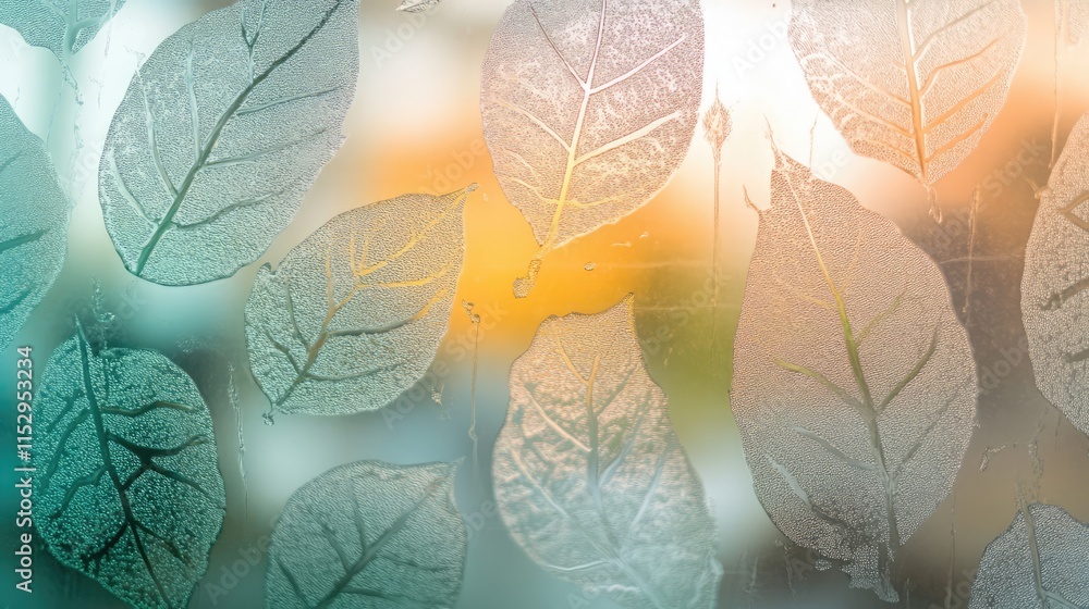 Poster frosted glass with delicate leaf pattern creating an artistic and soothing backdrop for nature-inspi