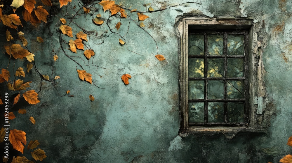 Poster autumn leaves cascading on an aged wall with a vintage window creating a serene and nostalgic atmosp