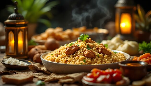 A bowl of rice topped with meat and vegetables, beautifully presented on a table, perfect for Ramadan meals
