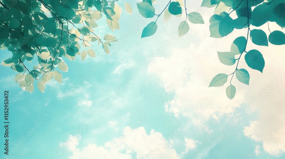 Poster branches and leaves against a serene sky and clouds background providing ample space for text or gra