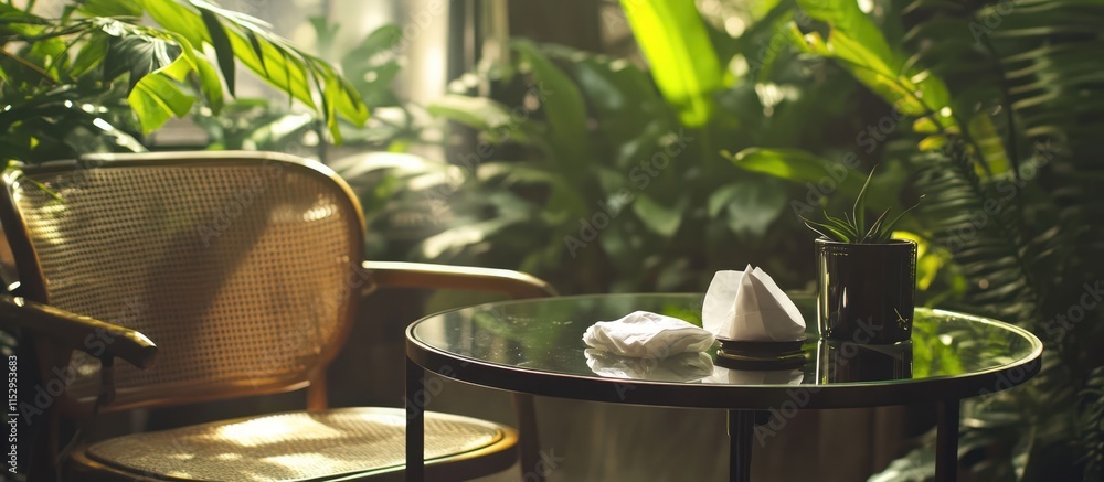Poster cozy indoor setting with a teacup on a table surrounded by lush greenery and soft lighting creating 