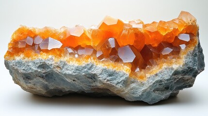 Obraz premium Natural orange mineral specimen showcasing crystal formations on a rock matrix highlighting textures and colors for educational or decorative use.