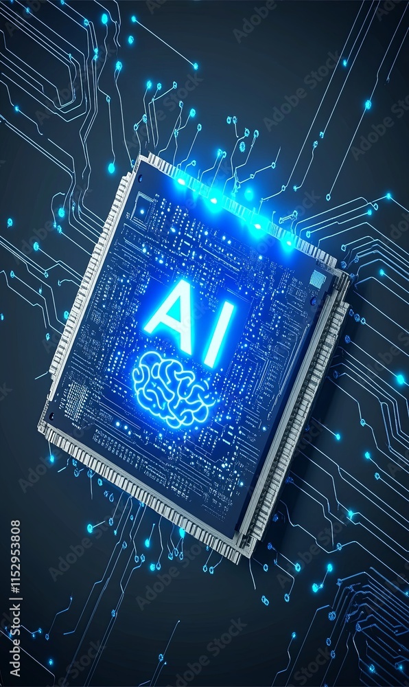 Poster ai microchip with glowing brain symbol on dark circuit board background.