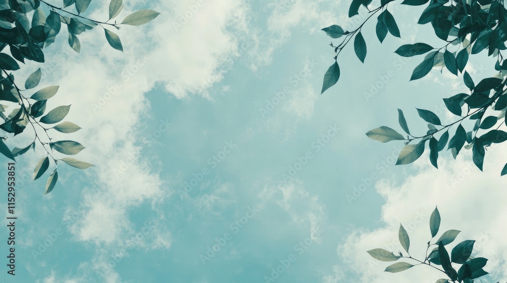 Poster leaves and branches framing a blue sky with fluffy clouds ideal for creating text overlays and graph