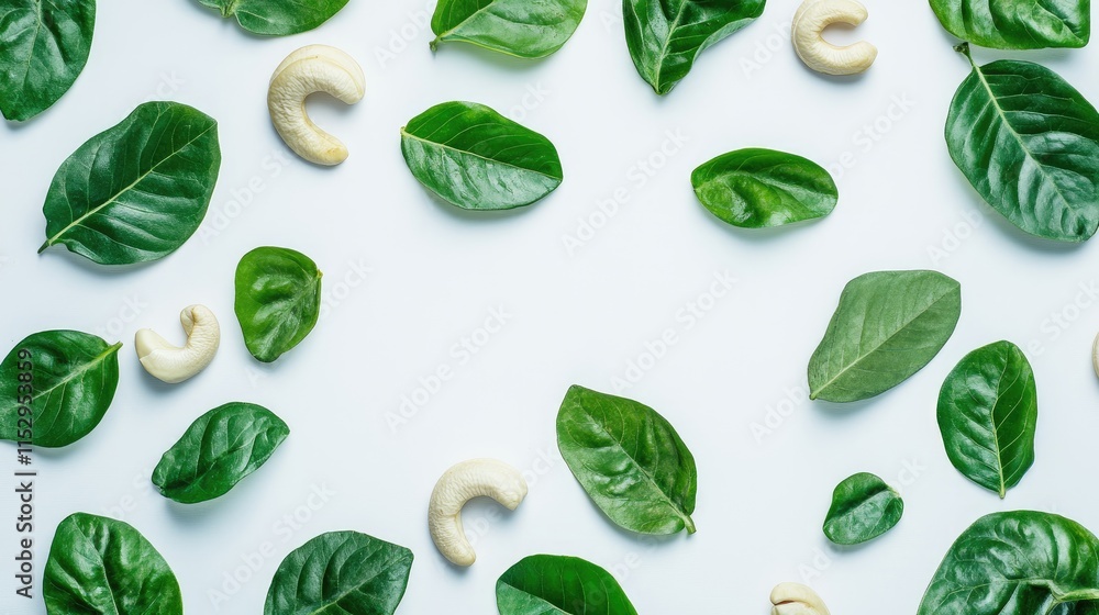 Poster cashew nut leaves and kernels arranged artistically on a white background creating a fresh and natur
