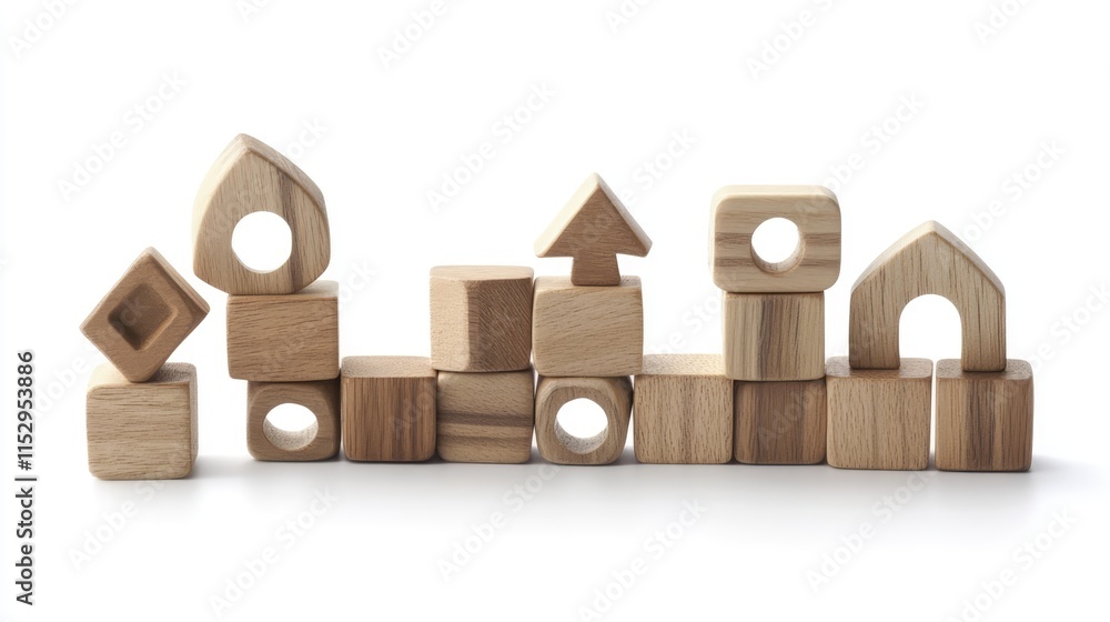 Poster wooden learning blocks in various shapes arranged neatly on a white background ideal for educational