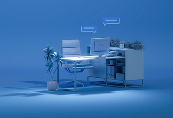 Minimal Office Desk in pastel green blue Color 2025. Stylish Workplace, Plant pot, bubble talk icon. Mockup Template, 3D Rendering.