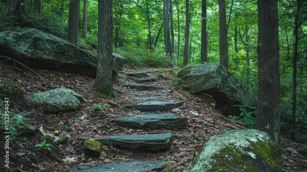 Poster serene forest pathway with natural stone steps surrounded by lush greenery and tall trees inviting p