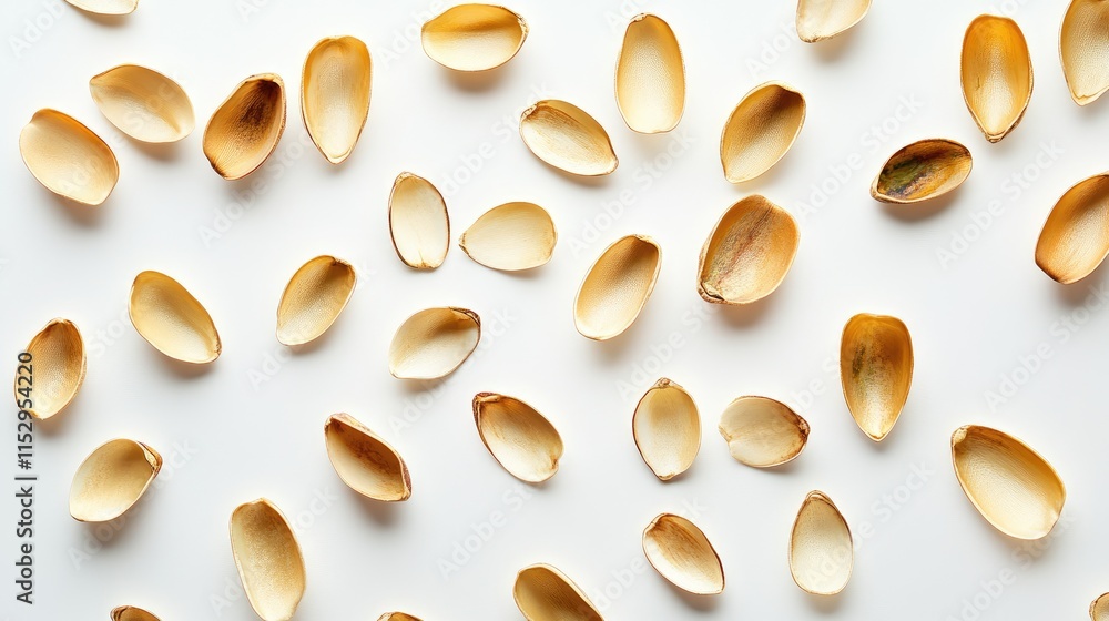 Poster scattered pistachio shells on a clean white background creating a minimalist and natural texture for
