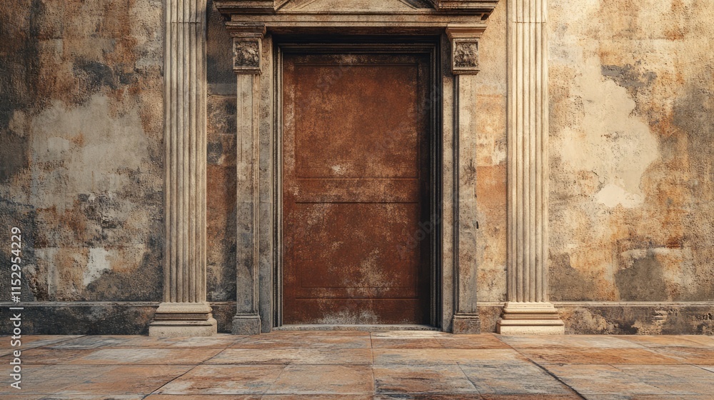Aufkleber ancient architecture entrance with weathered door and columns providing a textured backdrop for hist