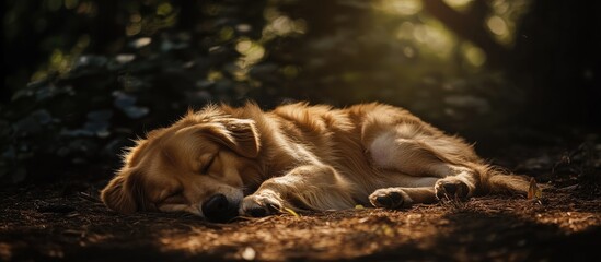Golden retriever puppy resting peacefully in a tranquil forest setting illuminated by soft, warm sunlight filtering through trees.