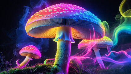 psychedelic agaricus bisporus mushroom, created by generative ai