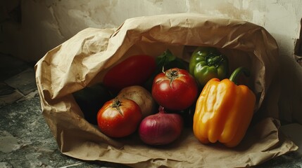 Assorted imperfect vegetables in a grocery paper bag showcasing natural produce and rustic charm perfect for healthy cooking concepts