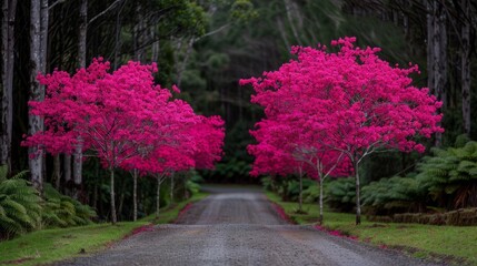 Vibrant pink trees lining a tranquil pathway