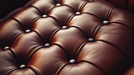 Naklejka premium Elegant close-up of rich brown leather upholstery featuring button tufting and metallic accents for luxurious interior design inspiration.