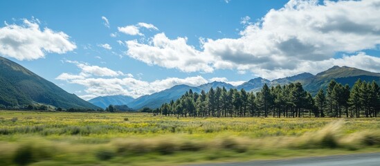 Obraz premium Scenic mountain landscape with vibrant green fields and blue skies on a bright spring day during a road trip.