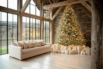 Obraz premium A cozy interior featuring a beautifully decorated Christmas tree, surrounded by festive gifts, with large windows showcasing a scenic view.