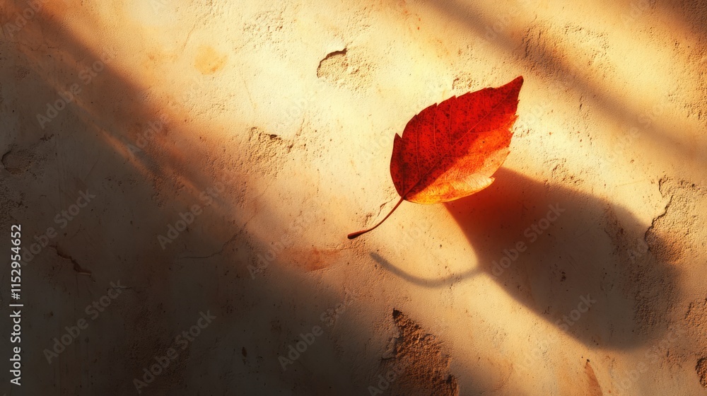 Poster autumn leaf casting shadow and light on textured wall background creating a warm and tranquil ambian
