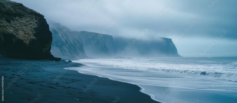 Poster dramatic volcanic beach landscape under moody clouds with rolling waves and dark cliffs creating an 