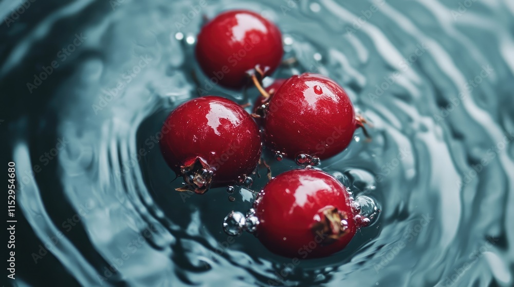 Poster Red berries floating in water with ripples creating a serene and refreshing close-up atmosphere