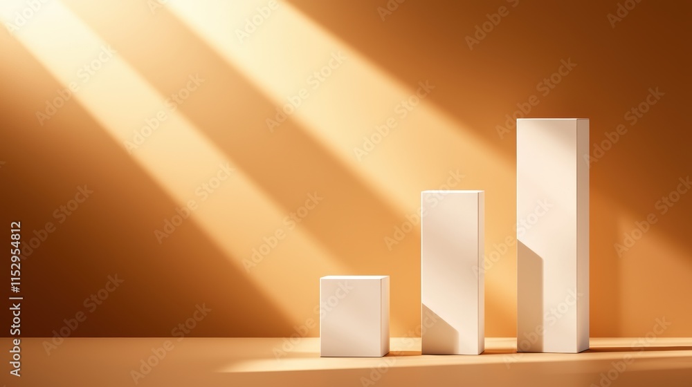 Poster a minimalist display of three ascending blocks, illuminated by soft rays of light, suggesting growth