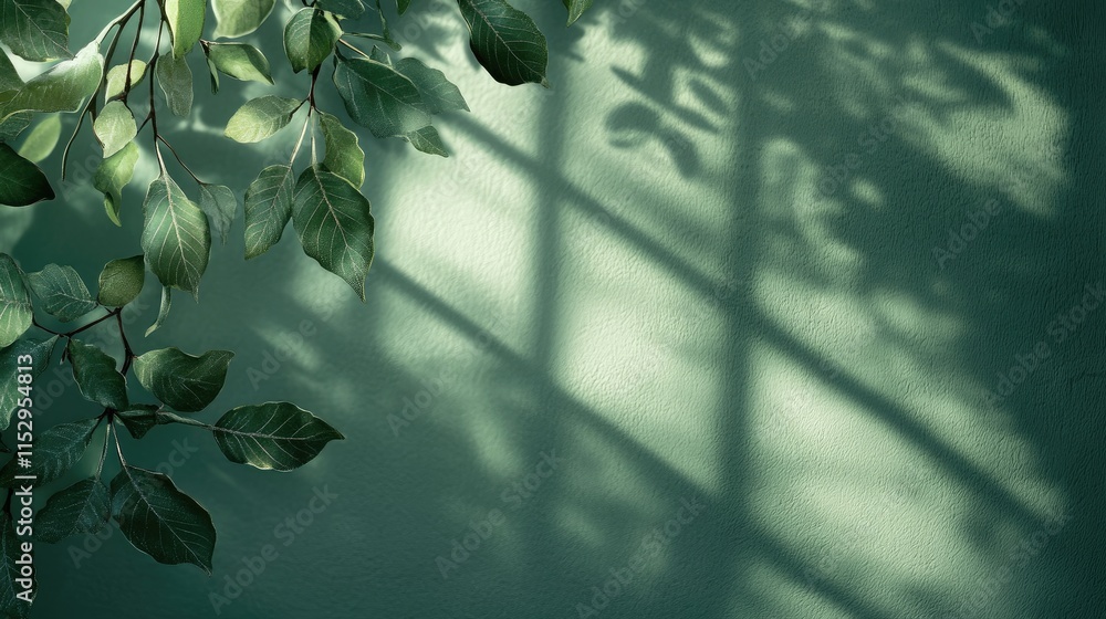 Poster leaves casting shadows on a textured green wall creating an elegant and tranquil overlay effect for 
